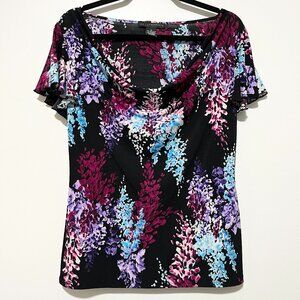 Womens Cowl Neck Fairy Blouse Sz M Flutter Sleeve Whimsical Dark Floral Mystical